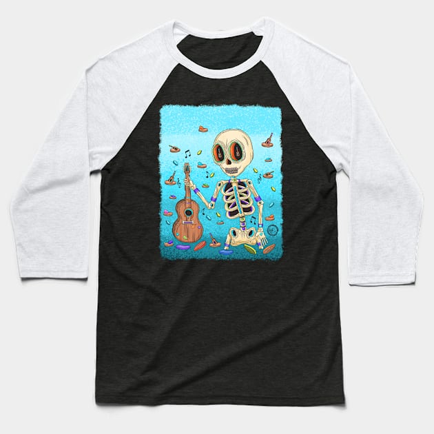 Colorful Mariachi Skeleton - Día De Los Muertos - guitar lover Baseball T-Shirt by Scriptnbones